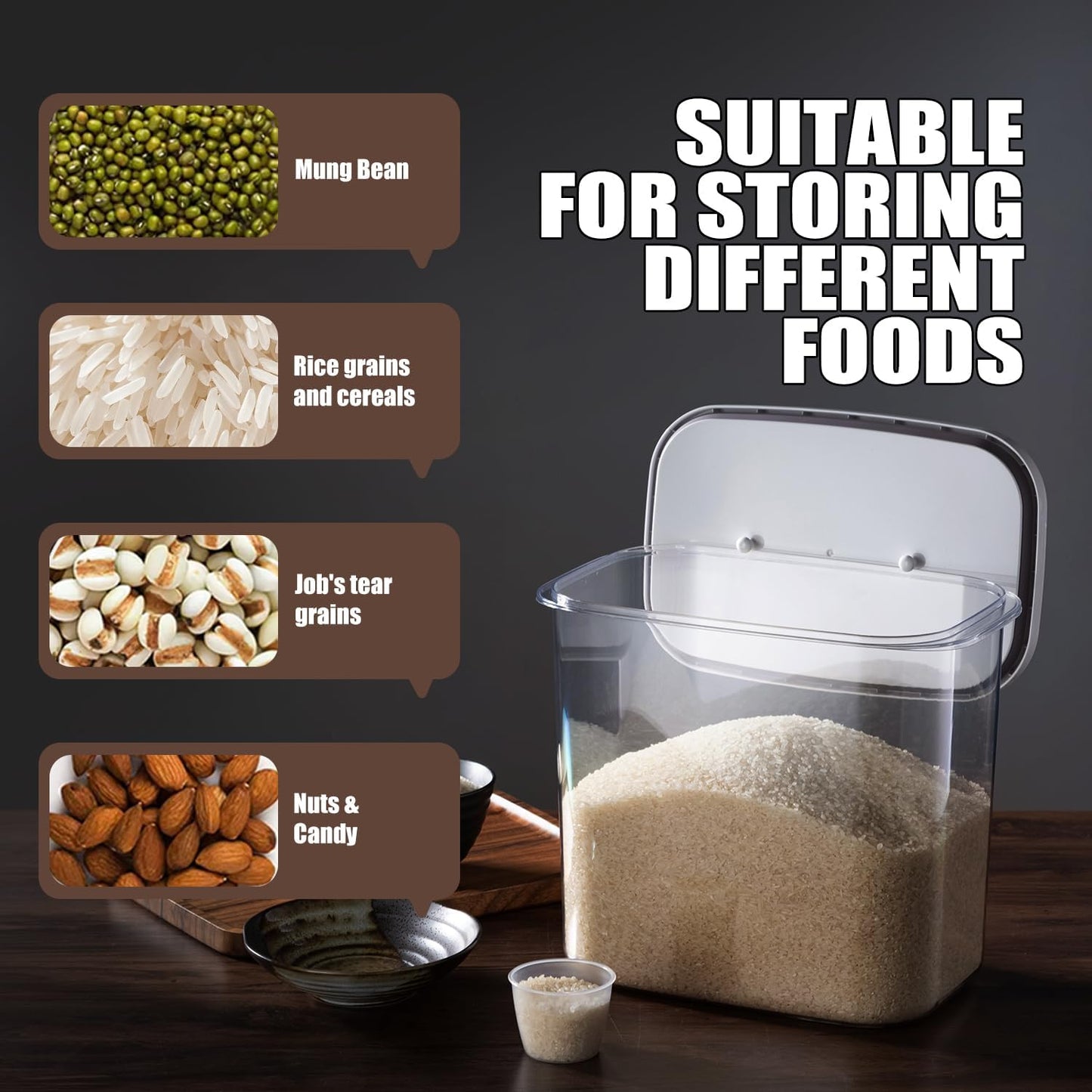 Rice Container - 10 Lbs/5.6KG/5QT Cereal Dispenser Storage Container Bin with Measuring Cup Food Bins Household for Kitchen Pantry Organization (D1065)