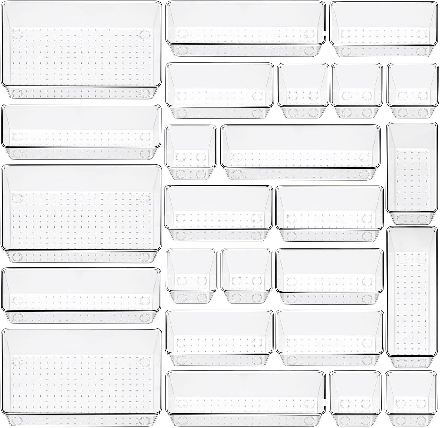 12 Piece Clear Drawer Organizer Set, 3 Sizes Bathroom Vanity Organizer Trays and Storage Bins for Makeup, Cosmetics, Jewelry, and Gadgets. Perfect for Office, Kitchen, Bedroom, Bathroom Use.