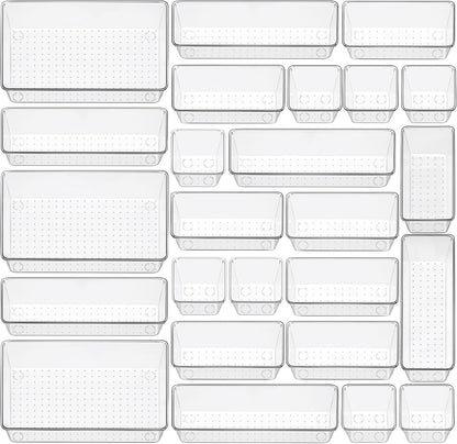 12 Piece Clear Drawer Organizer Set, 3 Sizes Bathroom Vanity Organizer Trays and Storage Bins for Makeup, Cosmetics, Jewelry, and Gadgets. Perfect for Office, Kitchen, Bedroom, Bathroom Use.