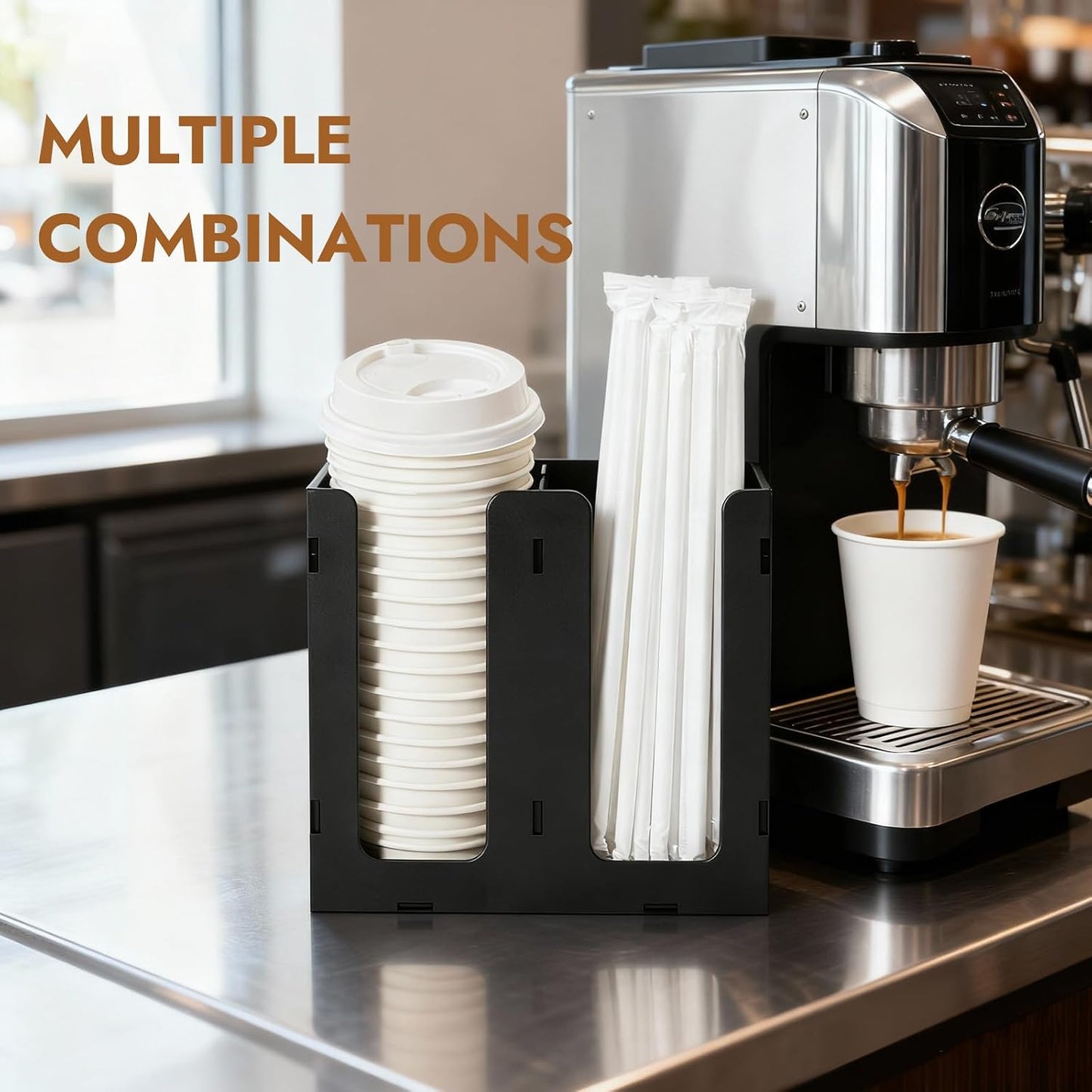 CURTA 4 Compartment Splicing Disposable Paper Cup Dispenser, Coffee and Lid Storage Organizer Holder for Countertop Bar,Restaurant,Breakroom,Party, Black