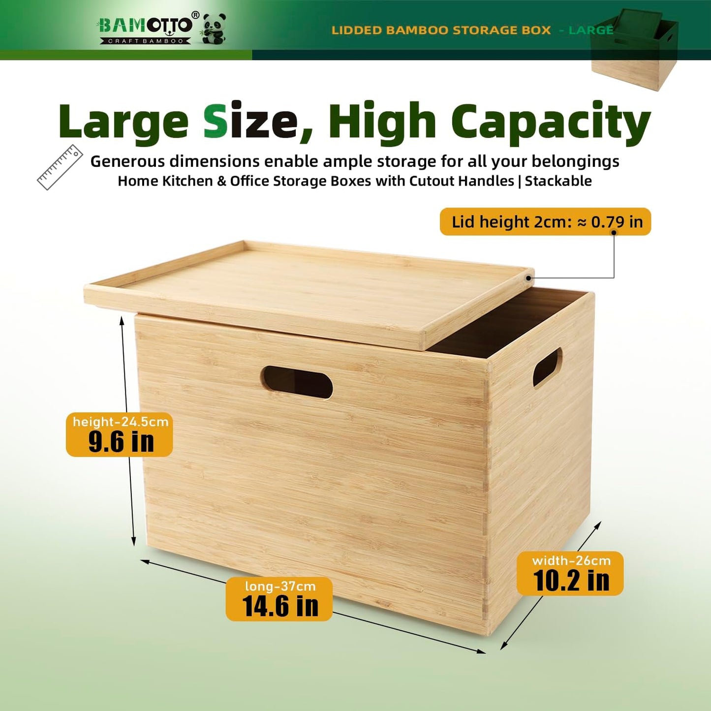 BAMOTTO CRAFTBAMBOO 2-Piece Large Bamboo Storage Box Set - 7.1in High Stackable Deep-Drawer Organizer, Lidless Bin for Kitchen Cutlery Utensils, Home & Office (14.6"x10.2"x7.1"+14.6"x10.2"x3.1")
