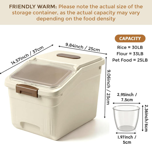Blushtier 4 Pack Large Rice Storage Containers 30 Lbs Airtight Flour Container with Seal Locking Lid and Measuring Cup Kitchen Dry Food Storage Bins for Cereal Sugar Beans(Transparent White)