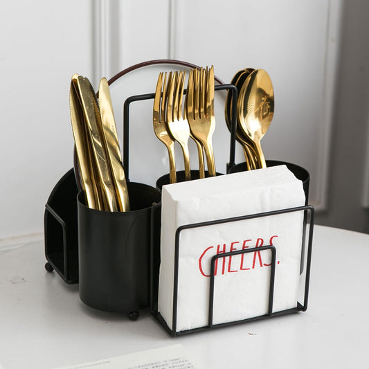 NelyBet Silverware Caddy Utensil Holder for Countertop Utensil Caddy with Paper Plate Napkin Holder Cutlery Flatware Silverware Organizers for Outdoor Party Camping Picnic - Black Metal