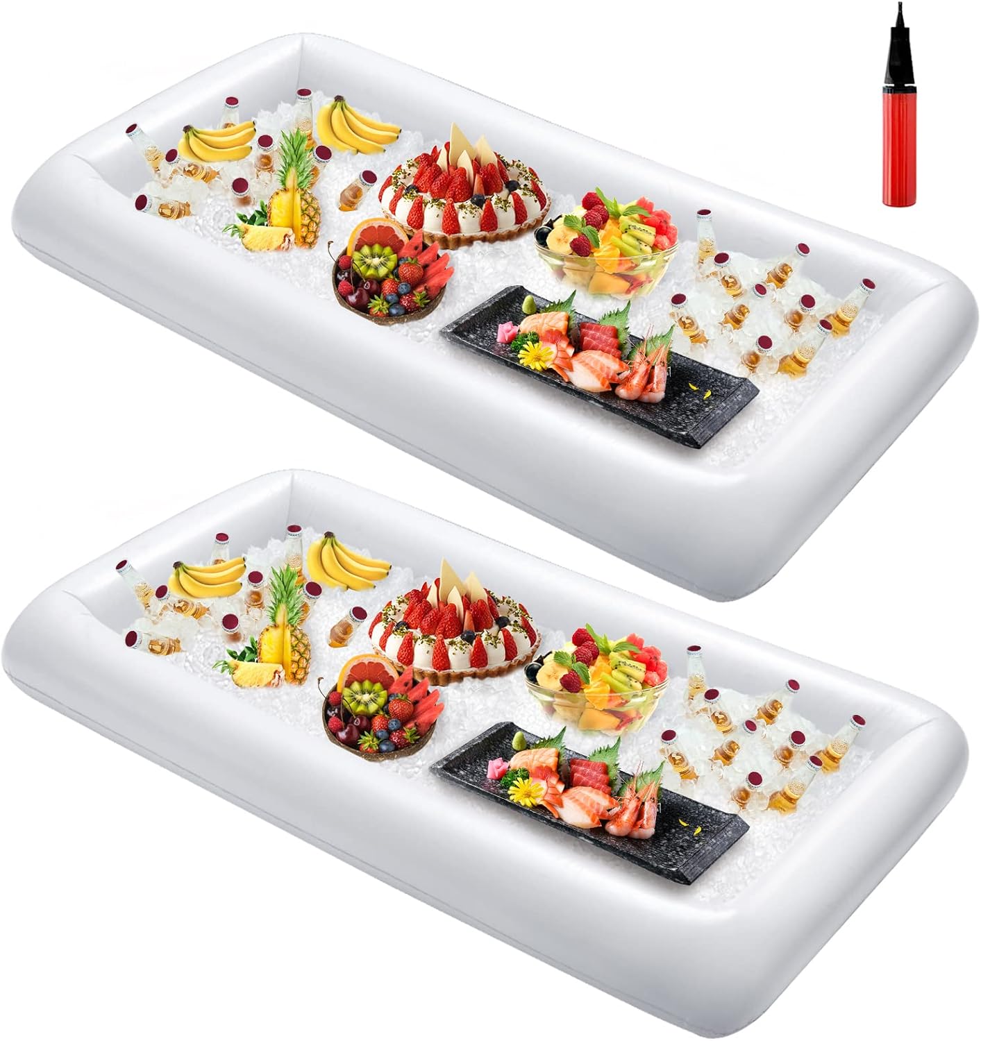 HBlife 4 PCS Inflatable Serving Bar, 2 Size Inflatable Buffet Cooler for Party,BBQ,Luau, Salad Ice Tray Food Drink Containers with Drain Plug and 1 Hand Air Pump