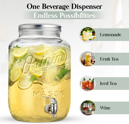 3 Gallon Classic Ice Cold Clear Glass Mason Jug Drink Beverage Dispenser Durable On Galvanized Stand With Leak Free Spigot-Easy Filling For Outdoor, Parties & Daily Use Lid