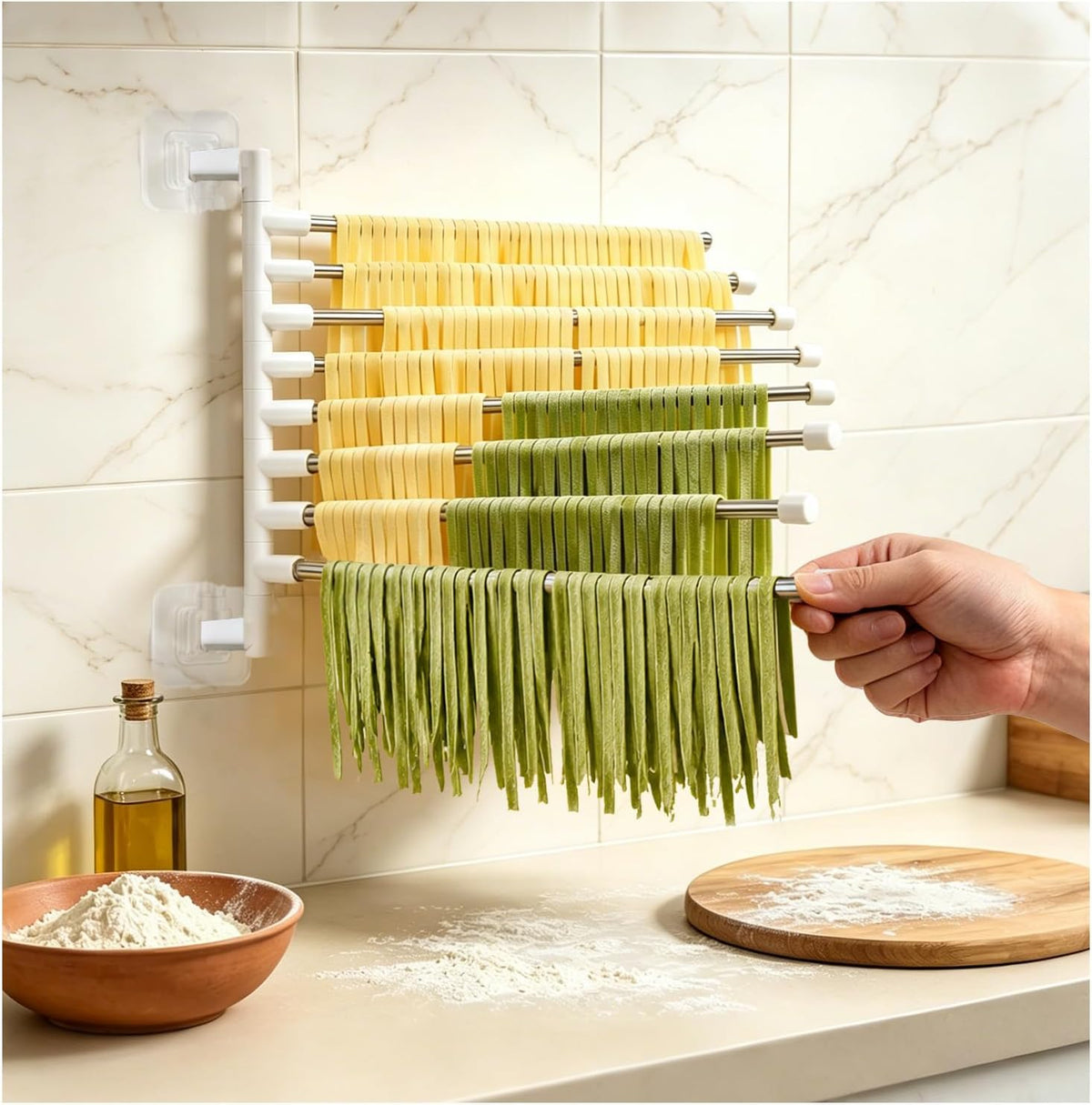 8-Tier Foldable Wall Mounted Noodle Dryer Stand, 180° Swivel
