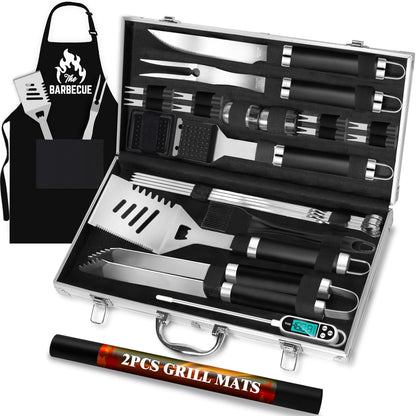 ROMANTICIST 26pcs Grilling Gifts for Men, Dad Gifts for Father's Day, Stainless Steel BBQ Grill Accessories Tools Set, Heavy Duty BBQ Utensils Kit with Apron, Thermometer, Mats in Aluminum Case Brown