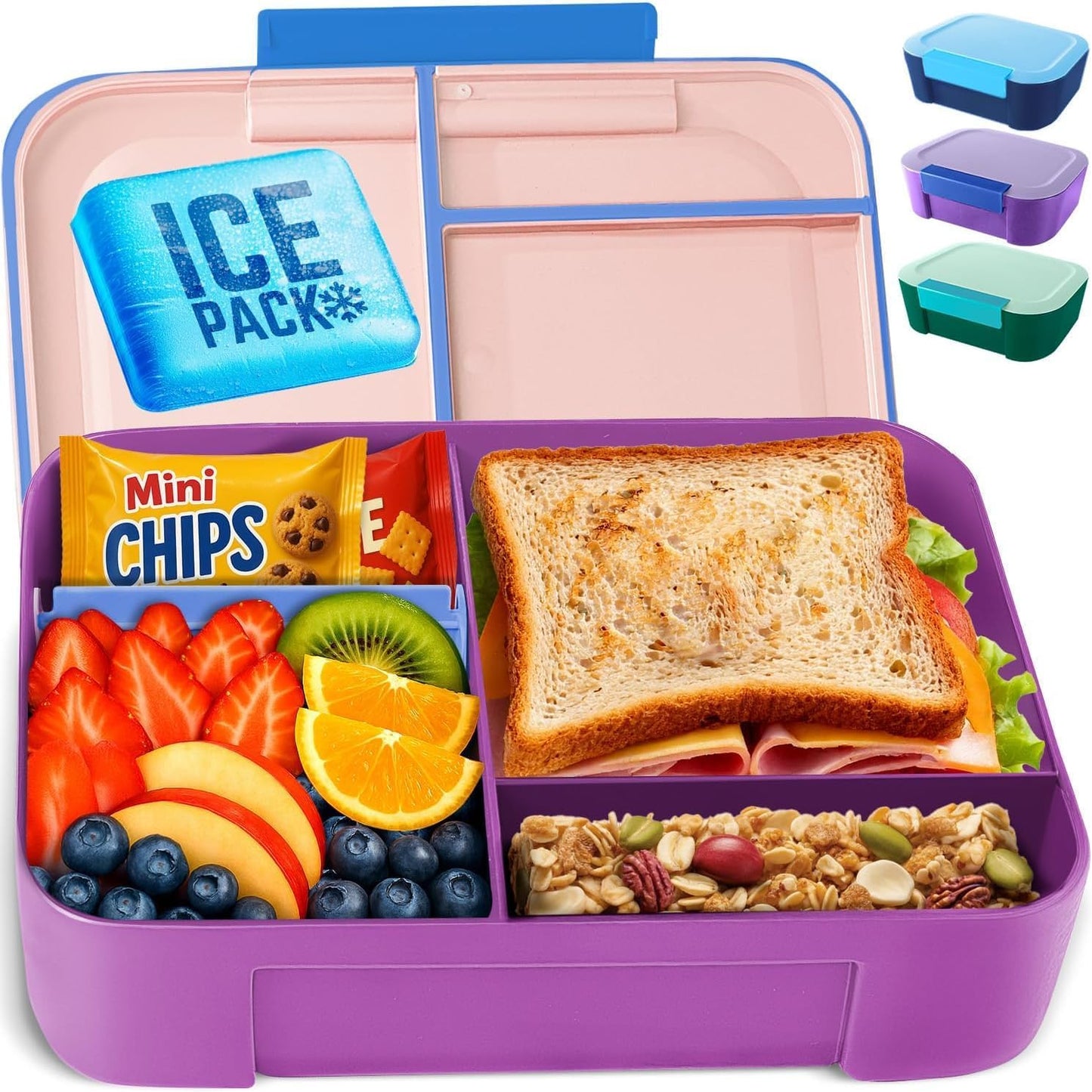 KARRICO Leakproof Lunch Box – 3-Compartment Bento Box, Cooler Pack & Adjustable Divider, Extra Large & BPA-Free – Dishwasher Safe, Ideal for On-the-Go Meals, Green