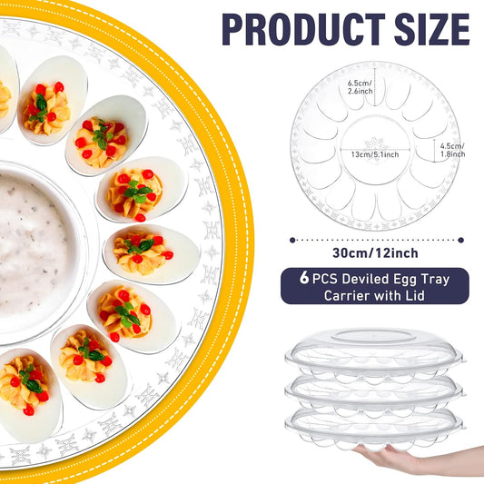 Shellwei 6Pcs Deviled Egg Platter with Lid Container Tray with 15 Slots Reusable Plastic Round Holder for Deviled Eggs, Fruits, Veggies, and Finger Foods 12 Inch