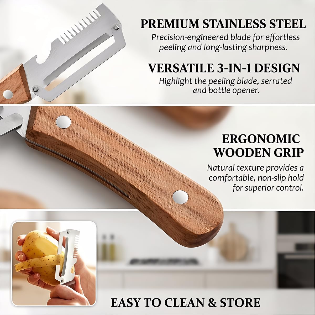 2 Pack Multifunctional Vegetable Peeler, 3-in-1 Peelers For Kitchen with Bottle Opener, Sharp Stainless Steel Swivel Blade, Wooden Handle, For Vegetables or Fruits that Need to Be Peeled
