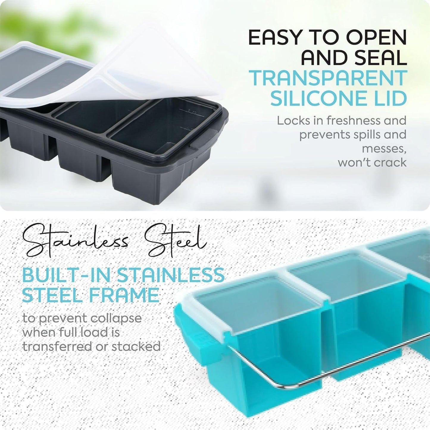 Silicone Freezer Tray With Lid-Soup Freezer Container molds-Large Ice Cube Tray Set Makes 1-Cup & 2-Cup portions cubes Perfect for preparing meals in different portion sizes Oven & Dishwasher -Safe