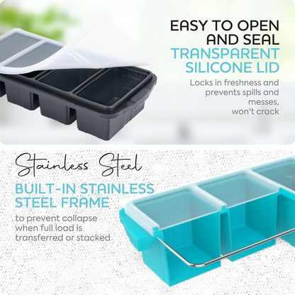 Silicone Freezer Tray With Lid-Soup Freezer Container molds-Large Ice Cube Tray Set Makes 1-Cup & 2-Cup portions cubes Perfect for preparing meals in different portion sizes Oven & Dishwasher -Safe