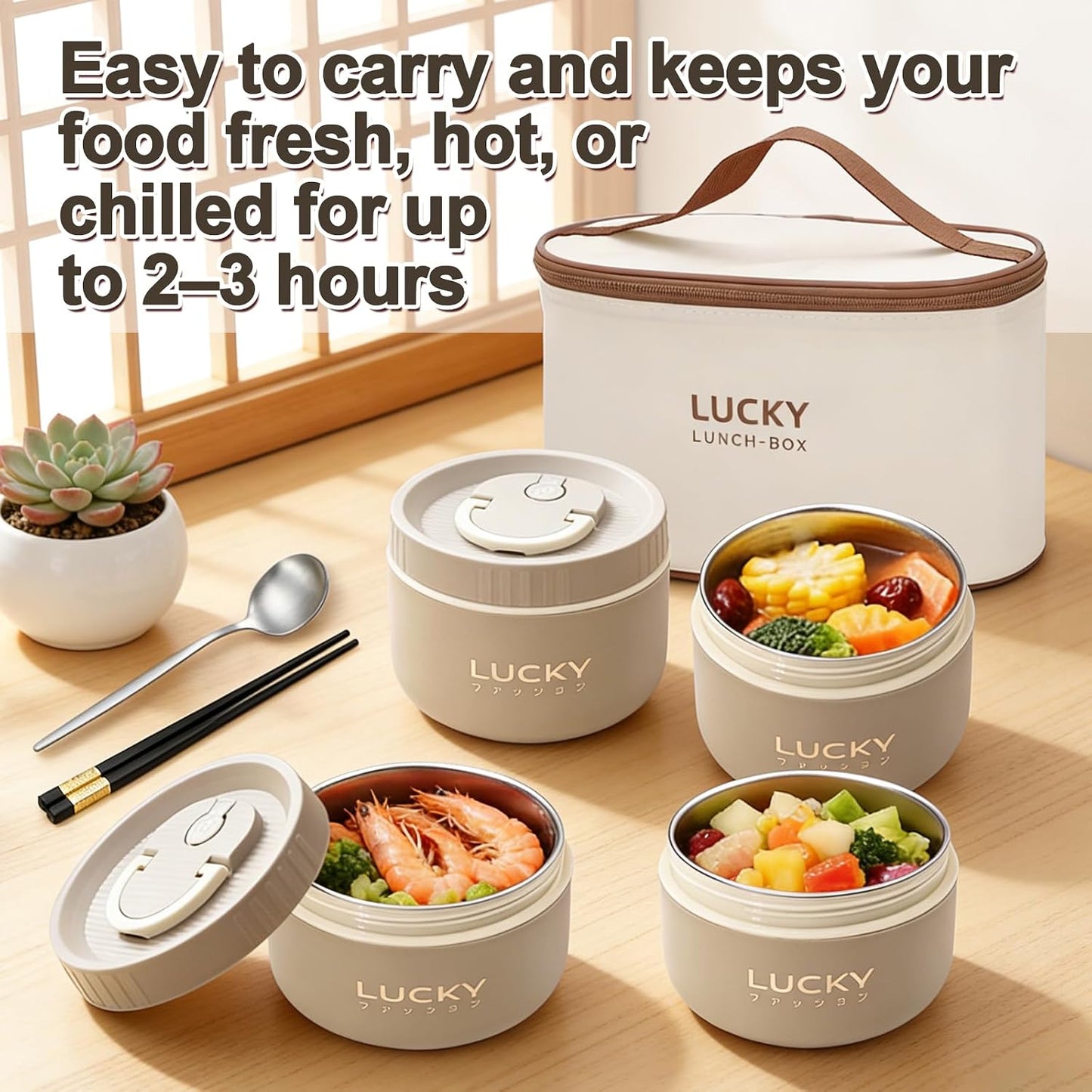 3 Compartments Bento Lunch box with Soup Bowl, Insulated Lunch Bag and Portable Utensils, Stainless Steel Camera Lunch Containers，Leak Proof Bento Box for Kids Adults Men Women…