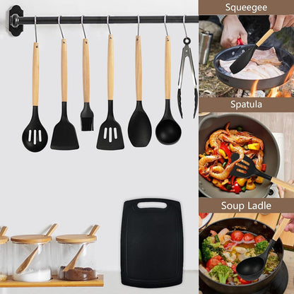 Non-Stick Silicone Cooking Utensils Set, 5 Pcs with Wooden Handle, Heat Resistant Silicone Kitchen Gadgets (Black)