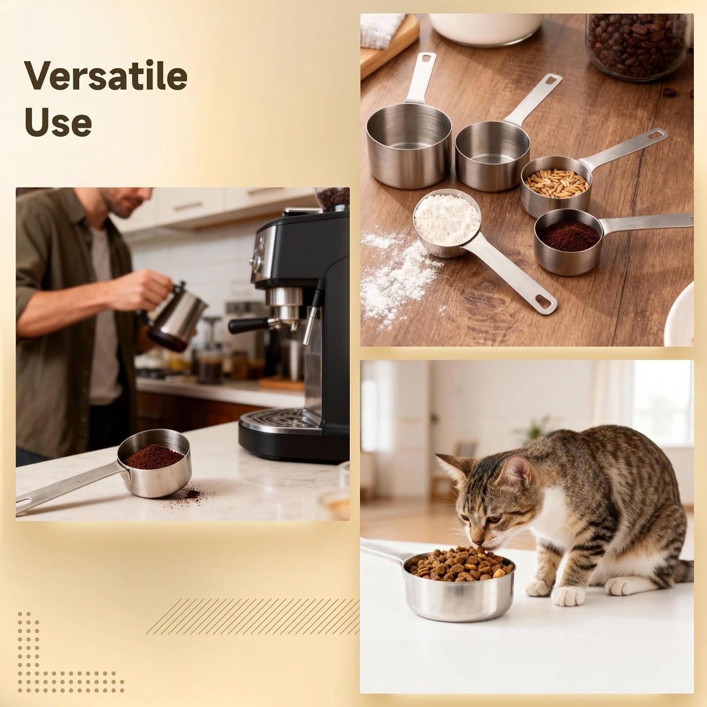5 Pcs Stainless Steel Measuring Cups Set - Including 1/4, 1/3, 1/2, 2/3, 1 Cup All Clad Flat Bottom Spoons, Long-Term, Easy to Clean, Nesting Design for Kitchen Baking Cooking