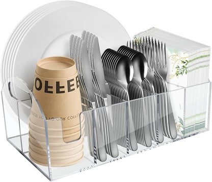 Acrylic Paper Plate Organizer, Utensil Silverware Caddy, Used For Storing Plates, Cups, Napkins, Small Snacks And Tableware - Suitable For Home, Party, Camping And Picnic