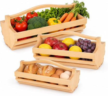 3-Piece Wooden Garden Harvest Basket Set with Handles (S/M/L), Sturdy Pine Wood Gathering Hod for Vegetable Harvesting, Fruit Picking & Farmhouse Storage Decor