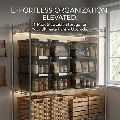 6 Quart Stackable Plastic Storage Bins with Lids, 6 Pack Clear Black Small Organizer Boxes with Latches for Bathroom, Pantry, Office Desk and Small Item Storage