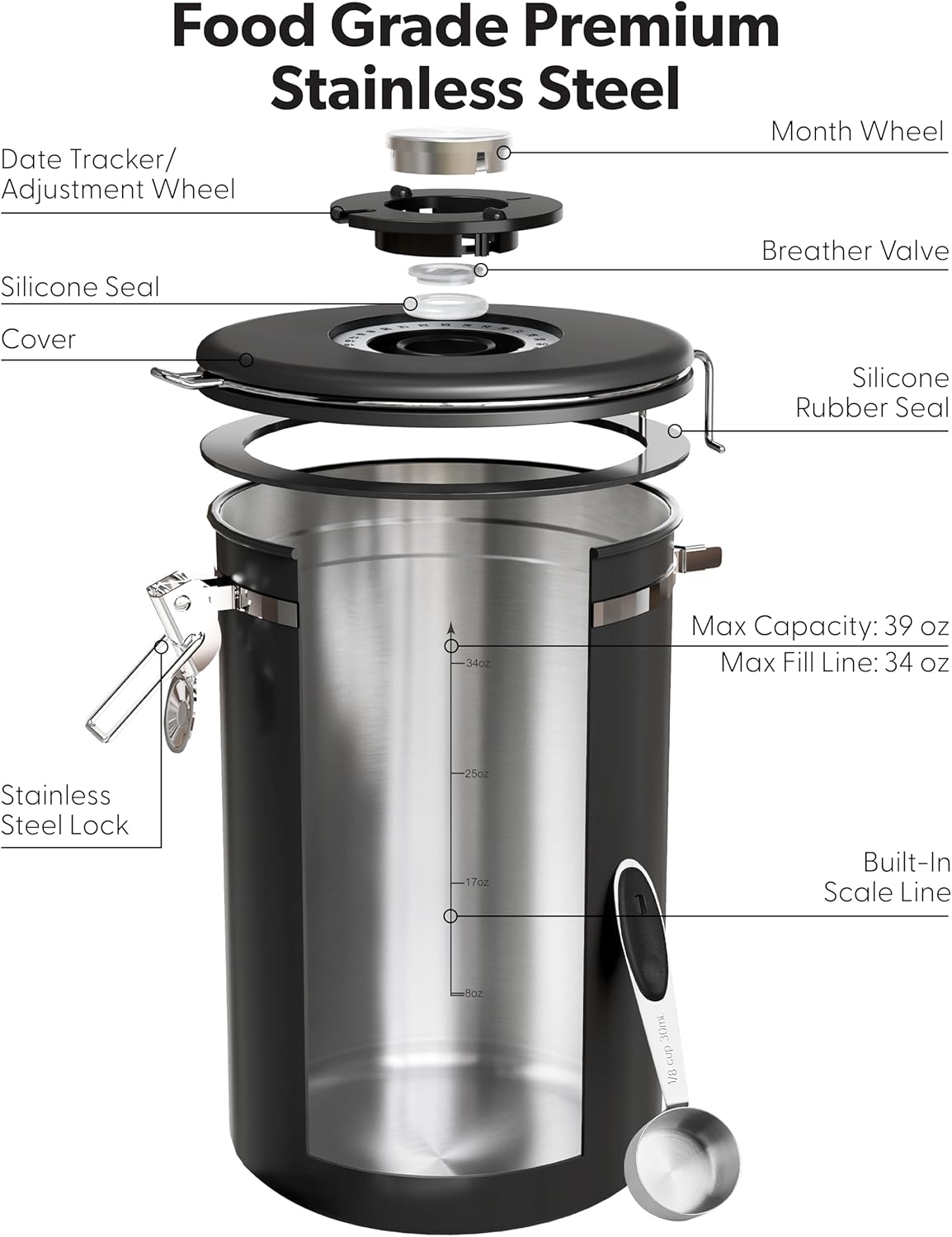 Veken Coffee Canister with Window, Family Choice Awards Winner, Airtight Stainless Steel Home Kitchen Food Storage Container with Lids for Grounds, Beans, Tea, Flour,Cereal,Sugar Jars,Scoop,16OZ,Black