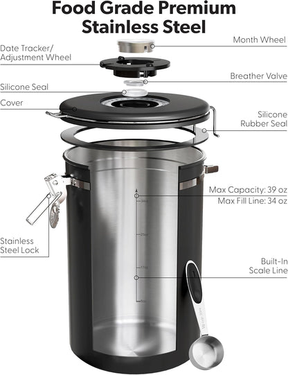 Veken Coffee Canister with Window, Family Choice Awards Winner, Airtight Stainless Steel Home Kitchen Food Storage Container with Lids for Grounds, Beans, Tea, Flour,Cereal,Sugar Jars,Scoop,16OZ,Black