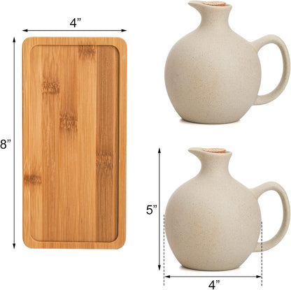 Elsjoy Set of 2 Ceramic Oil Vinegar Dispenser with Cork and Tray, 15 Oz Tabletop Oil Bottles Soy Sauce Jar, Decorative Olive Oil Stoneware Holder Vinegar Container for Kitchen