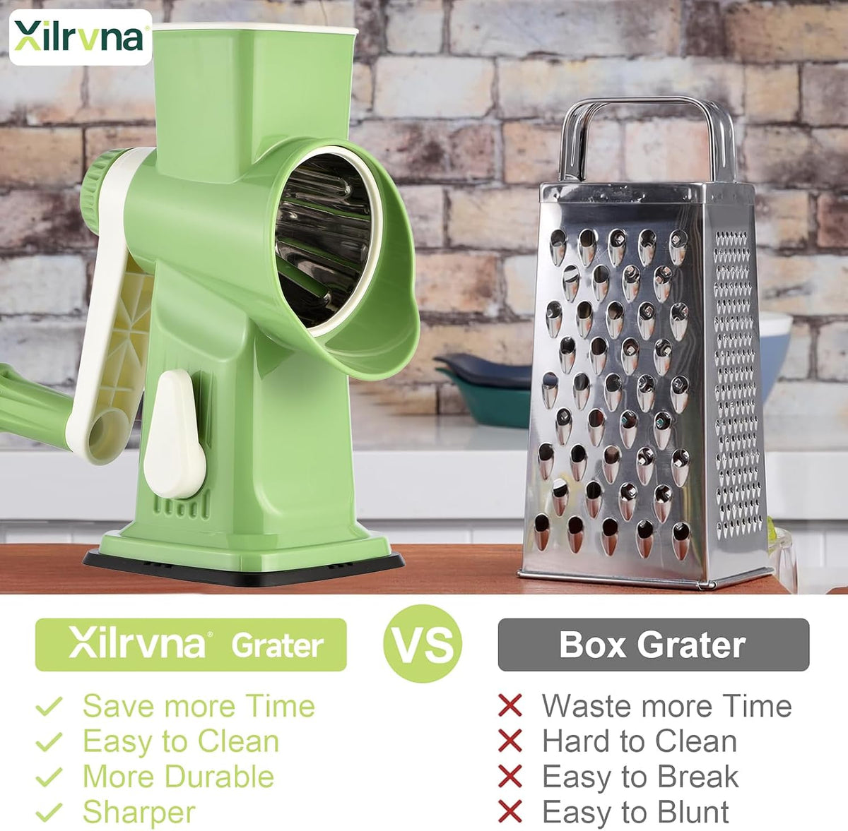 Rotary Cheese Grater with Handle Kitchen Shredder Slicer Grater Slicer Ice Shaver Cheese Vegetable Nuts Potato Zucchini Chocolate 3 Interchangeable Blades (GreyBlue