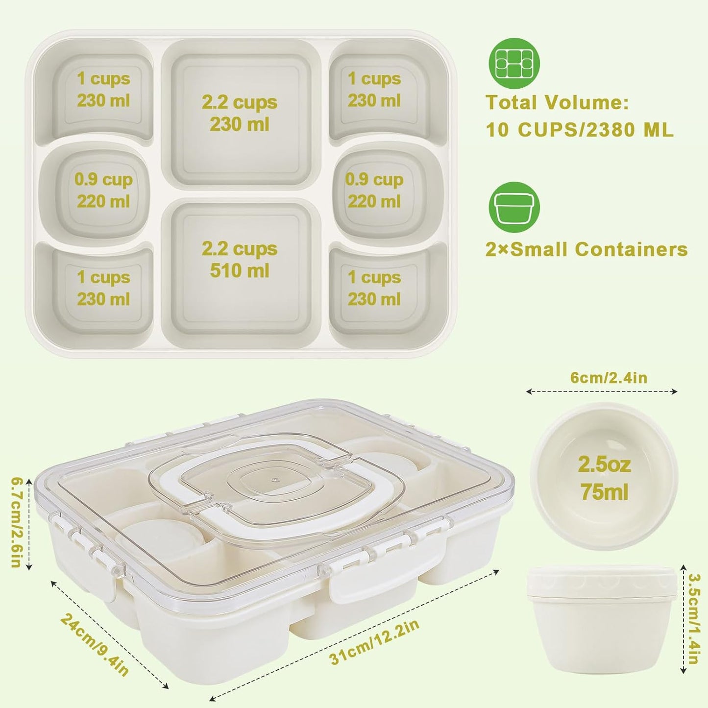 Caperci Snackle Box Container with 2 Sauce Cups - Large 8-Compartment Divided Serving Tray with Lid & Handle, Portable Snack Tray for Travel, Hold 10 Cups, Leak-Proof, Dishwasher Safe, BPA-Free