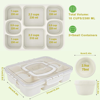 Caperci Snackle Box Container with 2 Sauce Cups - Large 8-Compartment Divided Serving Tray with Lid & Handle, Portable Snack Tray for Travel, Hold 10 Cups, Leak-Proof, Dishwasher Safe, BPA-Free