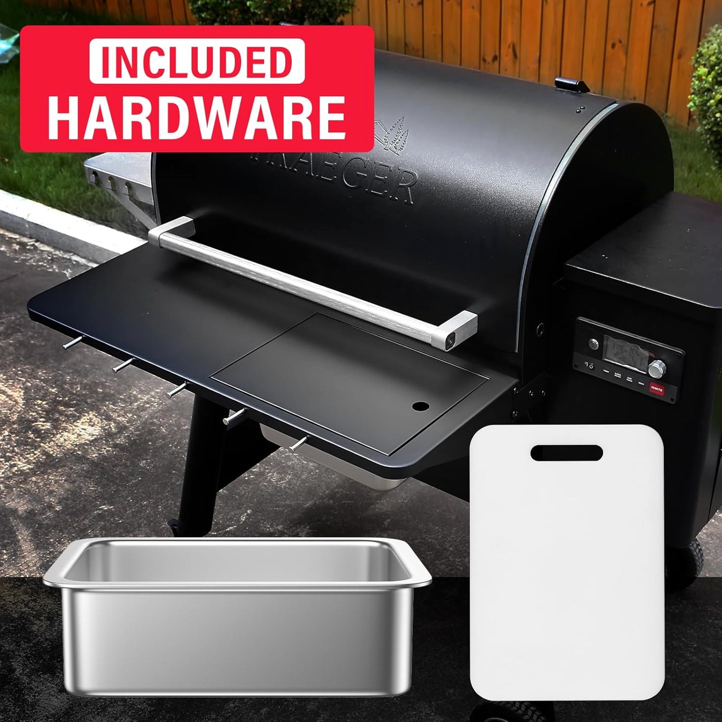 Upgraded Grill Table for Weber Kettle 22"/18"/26", Master Touch 22", Smokey Mountain, Recteq Pellet Grill RT-B380, Prep Station with Cutting Board, Basin, 4 Hooks, Shelf for Weber Kettle Accessories