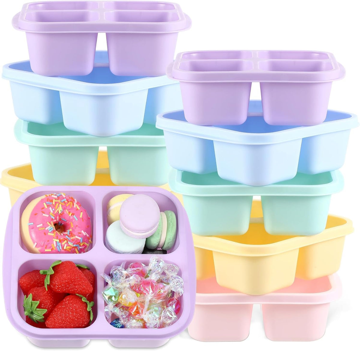 Honeydak 10 Pack Bento Snack Containers 4 Compartment Snack Boxes Reusable Containers with Lids Divided Meal Prep Lunch Food Storage Box for School Work Travel