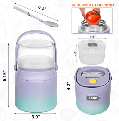 2 - in - 1 Soup Thermo for Hot Food 14oz with Snack Box Container Leak Proof Insulated Lunch Container Kids and Adults Stainless Steel Double Wall Vacuum Wide-mouth Thermal with Spoon and Handle