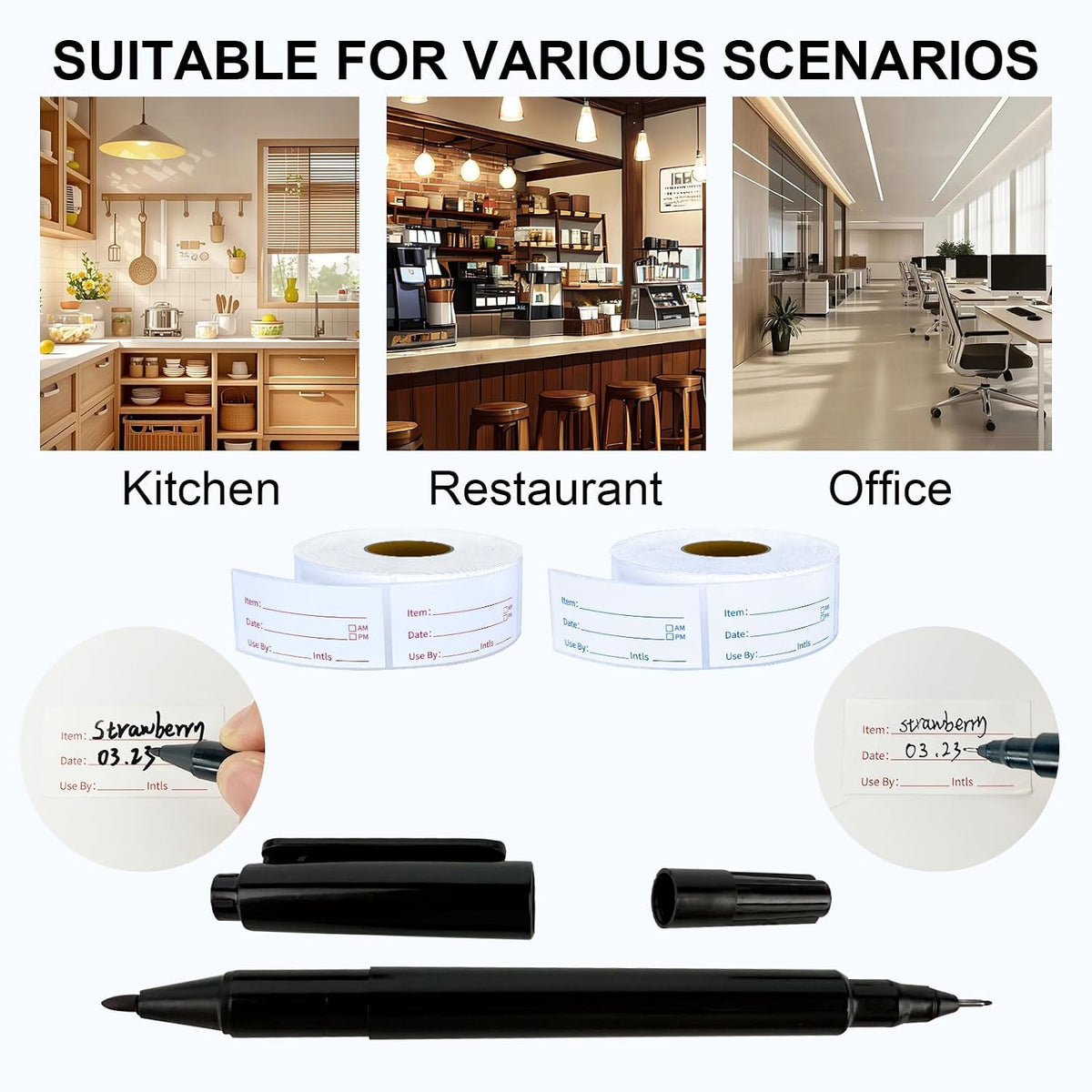 Removable Food Labels 2 Rolls 1000 Pcs Waterproof Oil-Resistant Write-On Date Stickers with Bonus Pen Freezer Refrigerator Food Container Labels for Meal Prep & Organization