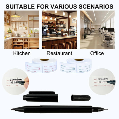 Removable Food Labels 2 Rolls 1000 Pcs Waterproof Oil-Resistant Write-On Date Stickers with Bonus Pen Freezer Refrigerator Food Container Labels for Meal Prep & Organization