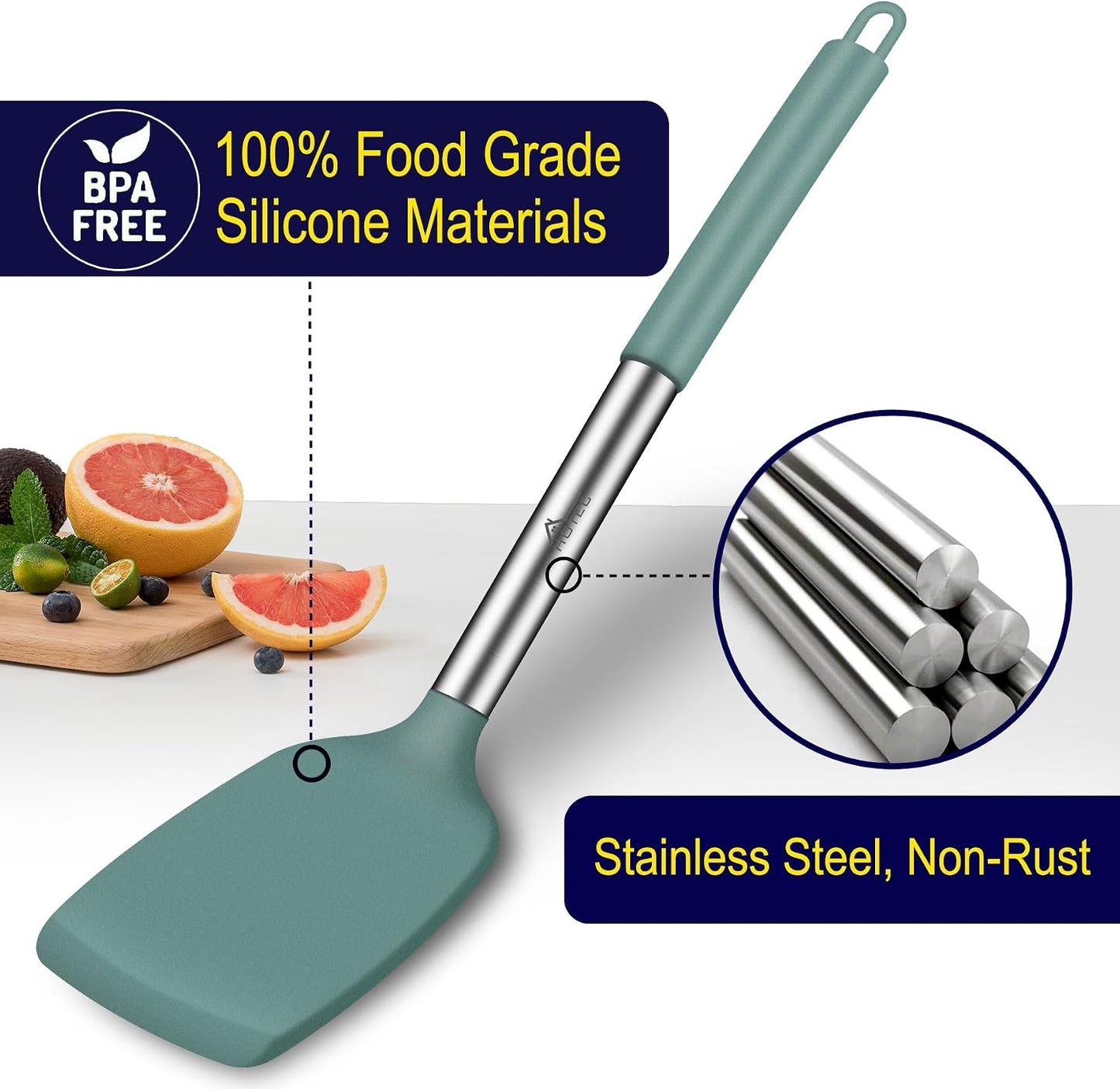 HOTEC Silicone Spatula Set of 2 Heat-Resistant 600°F & BPA-Free Kitchen SaptulaTurner with Stainless Steel Handles, Slotted & Solid Spatulas for Nonstick Cookware, 13.7 Inch, Classic Blue