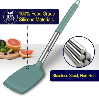 HOTEC Silicone Spatula Set of 2 Heat-Resistant 600°F & BPA-Free Kitchen SaptulaTurner with Stainless Steel Handles, Slotted & Solid Spatulas for Nonstick Cookware, 13.7 Inch, Classic Blue