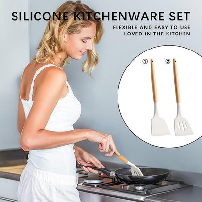Silicone Cooking Utensils Set with Wooden Handles, 4-Piece Spatula Set and Spoon Rest — Heat Resistant, Non-Stick Kitchen Utensils, Silicone Spoons for Cooking, Multi-Purpose Spatula Spoon