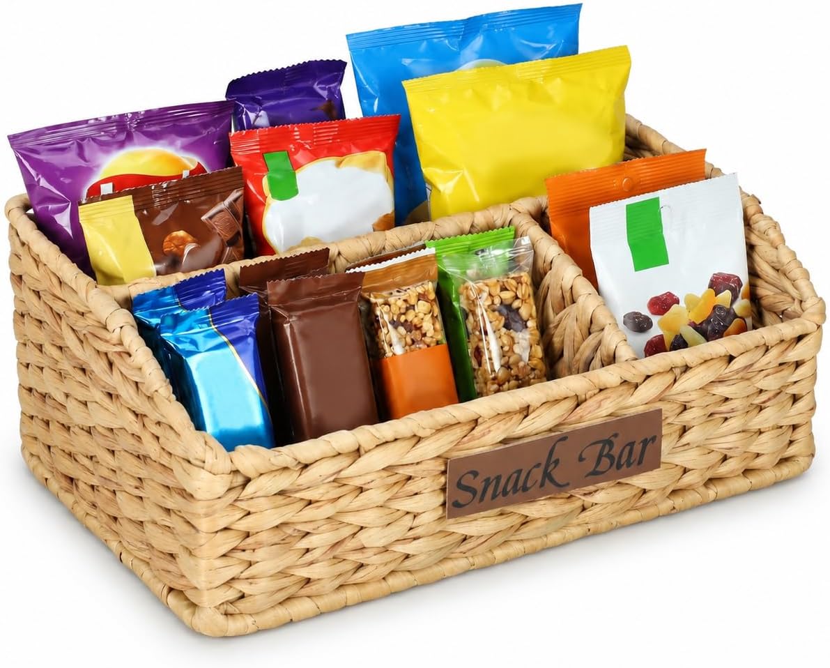 Snack Organizer for Countertop, Trapezoid Snack Basket Water Hyacinth Pantry Basket, Wicker Baskets for Organizing, 3 Compartments Snack Bin for Snack Bar Organizer, Cabinet Kitchen Storage