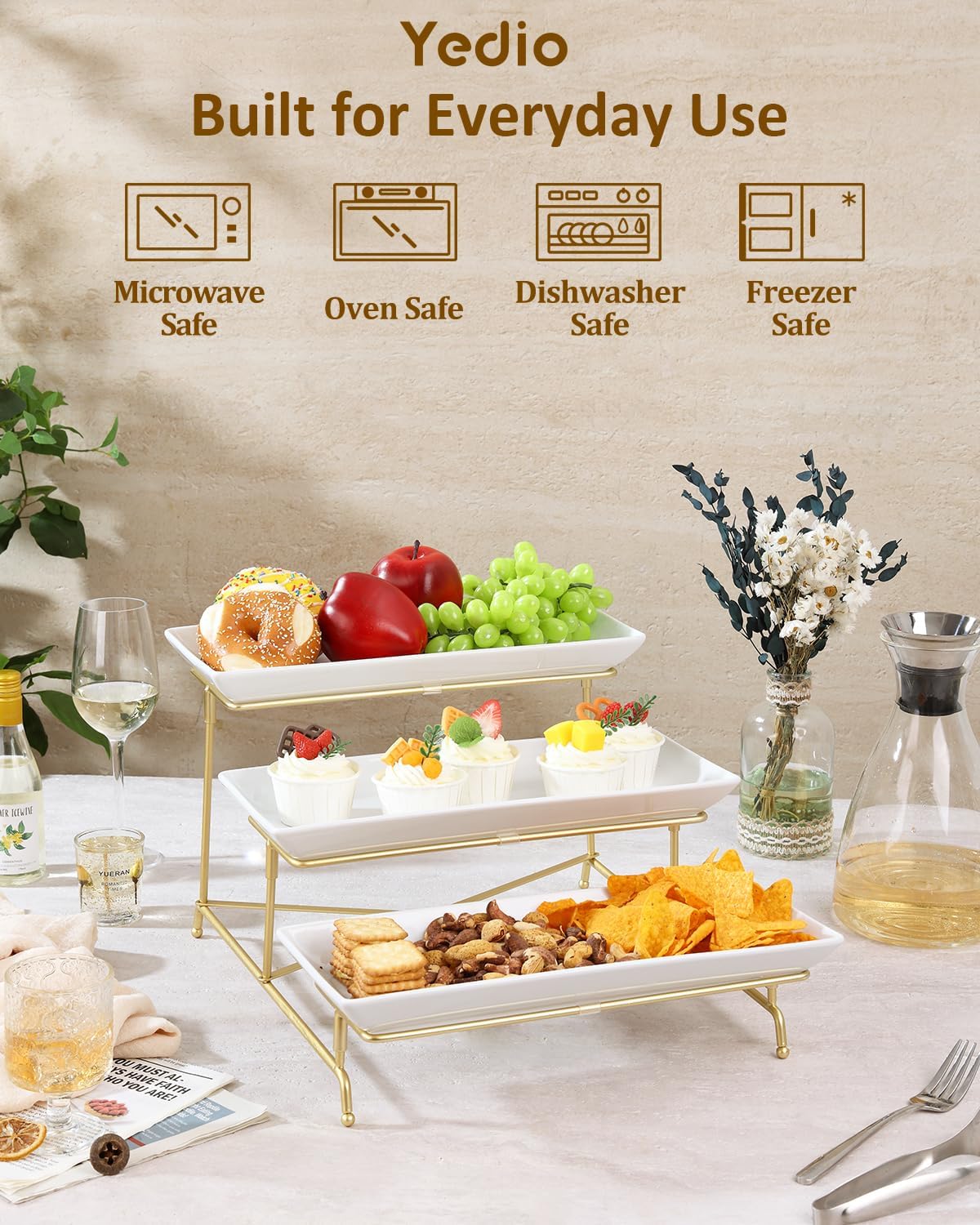 Yedio 3 Tier Serving Trays for Party, Porcelain Serving Platters and Trays, 12 Inch Tiered Tray Stand, Fruit Tray, Trays for Serving Food, White Dessert Stand with Collapsible Sturdier Metal Rack