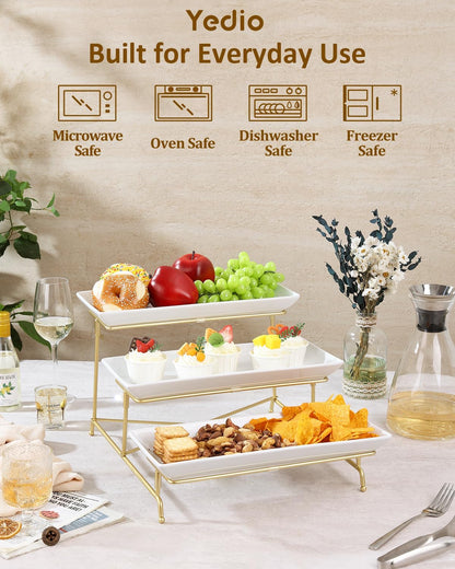 Yedio 3 Tier Serving Trays for Party, Porcelain Serving Platters and Trays, 12 Inch Tiered Tray Stand, Fruit Tray, Trays for Serving Food, White Dessert Stand with Collapsible Sturdier Metal Rack