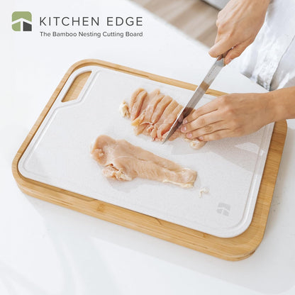 KitchenEdge Premium Acacia Cutting Board with Nesting Rice Fiber Chopping Board for Cooking Prep, 2 Piece Kitchen Set, Non-Slip Feet with Juice Groove, Heavy Duty, Pre Oiled, 17” x 12.5”