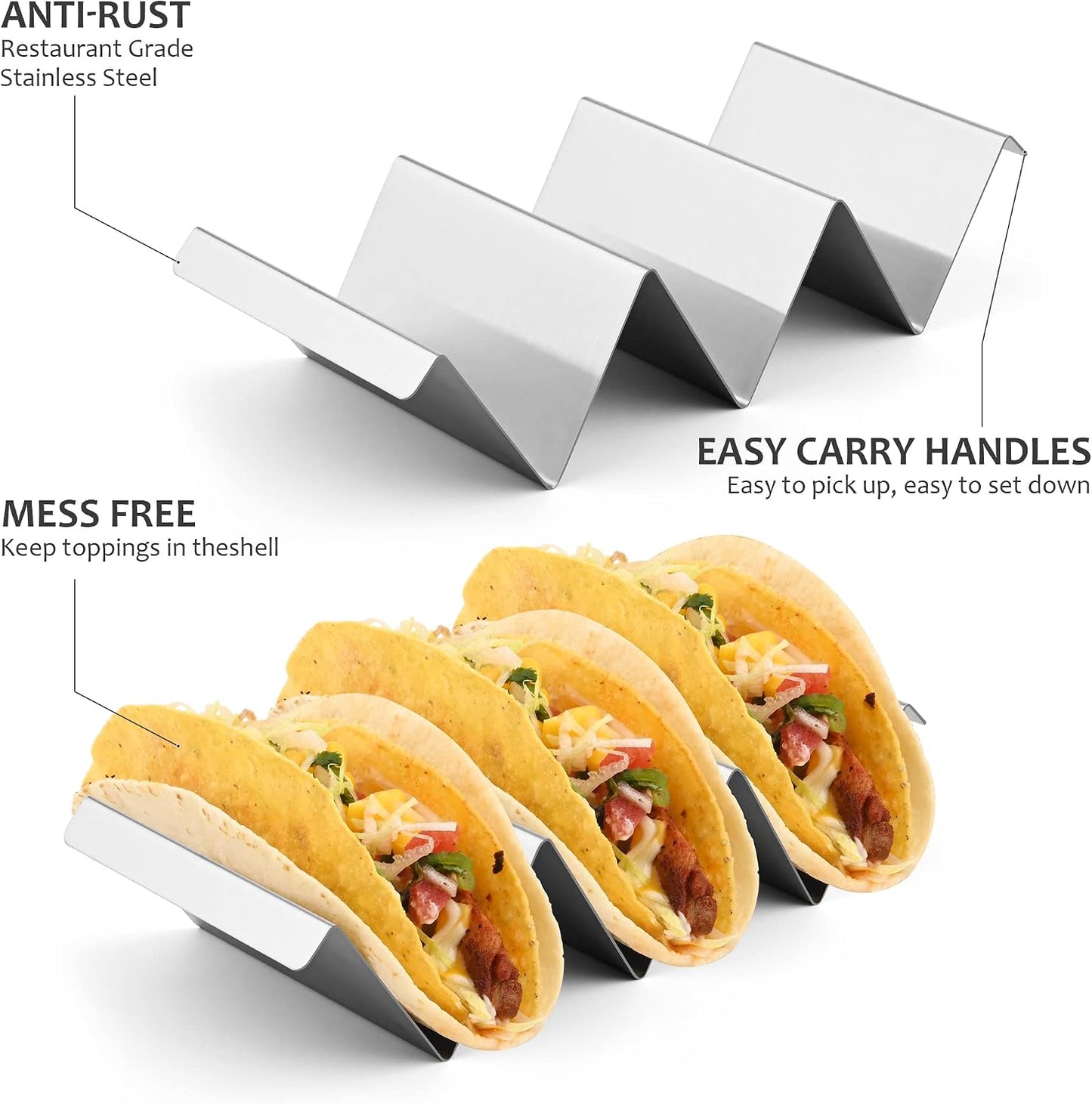 Stainless Steel Taco Holder Set - Stand with Handle, Holds Up to 3 Tacos Each