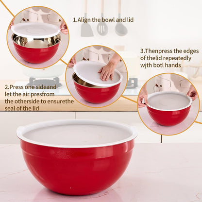 Pink Mixing Bowls with Airtight Lids, Stainless Steel Nesting Mixing Bowls Set of 7, Ideal for Baking, Prepping and Serving Food, Size 7, 3.6, 2.7, 2.1, 1.5, 1.1,0.8 QT, Stackable Design