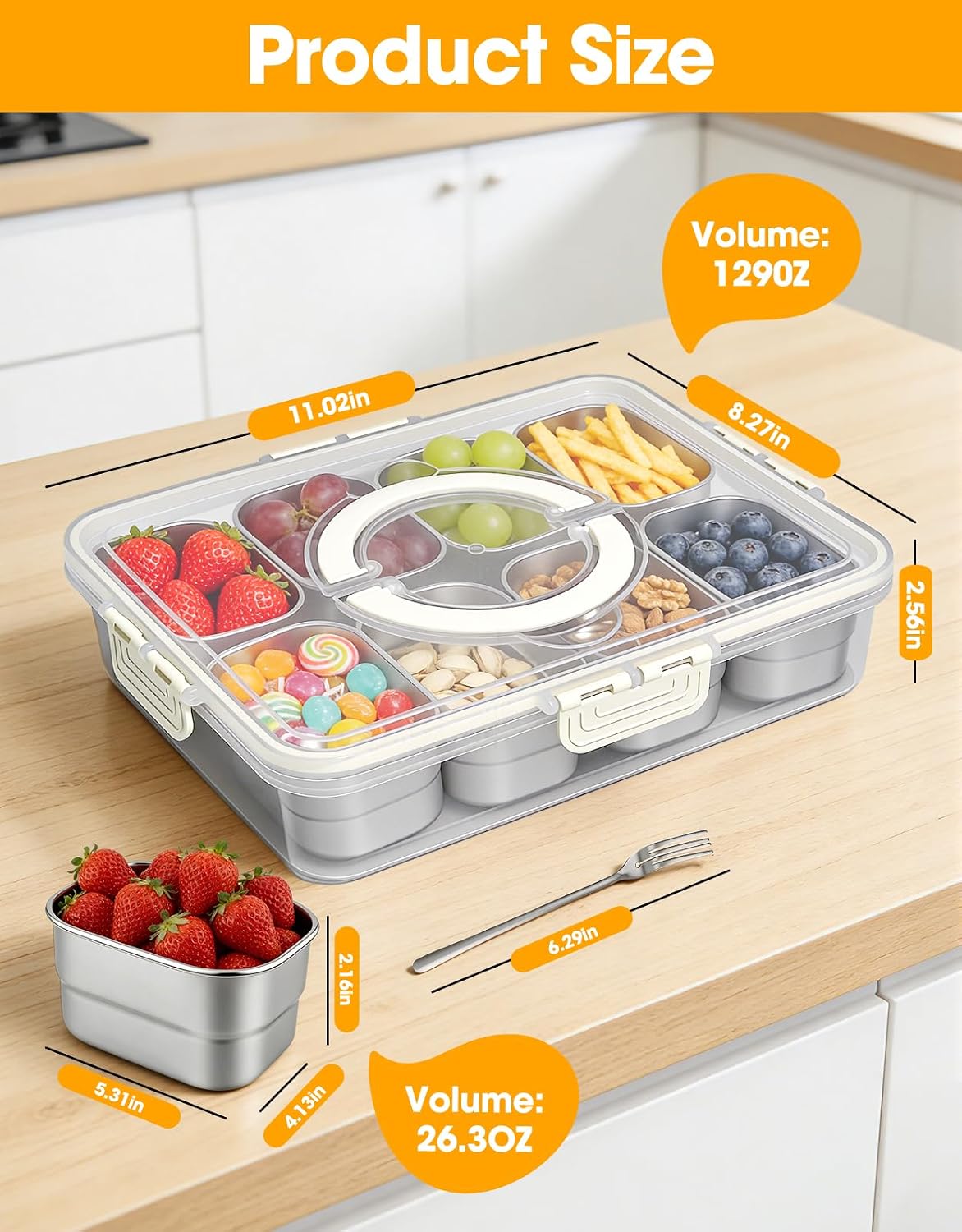 WanshengLe 6 in 1 Snackle Box 3.82L with Lid & Handle, 4 PCS Stainless Steel Snack Box and 2 PCS Plastic Box, 6 Detachable & Dishwasher Safe Snacklebox, Divided Container Box for Snack Fruit Nut