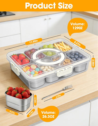 WanshengLe 6 in 1 Snackle Box 3.82L with Lid & Handle, 4 PCS Stainless Steel Snack Box and 2 PCS Plastic Box, 6 Detachable & Dishwasher Safe Snacklebox, Divided Container Box for Snack Fruit Nut