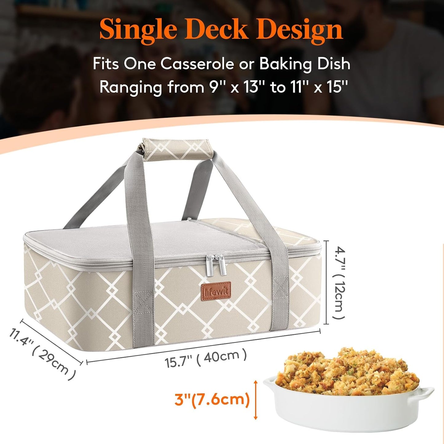 Lifewit Insulated Single Decker Casserole Carrier, Lasagna Lugger Holder for Hot or Cold Food, Fits 9" x 13" Baking Dish, Thermal Lunch Tote Bag for Potluck Parties, Picnic and Cookouts, Grey