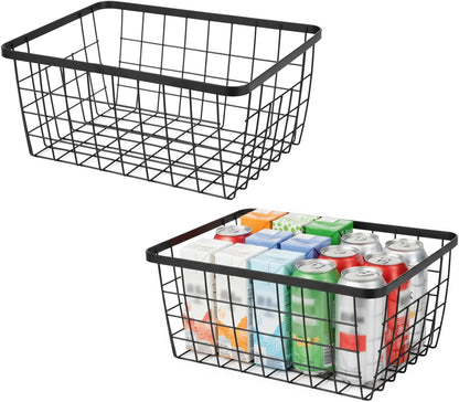 Kitchen Wire Baskets Farmhouse Decor Metal Food Storage Organizer,Household Refrigerator Bin with Built-in Handles for Cabinets, Pantry, Bathroom,2 Packs(white)