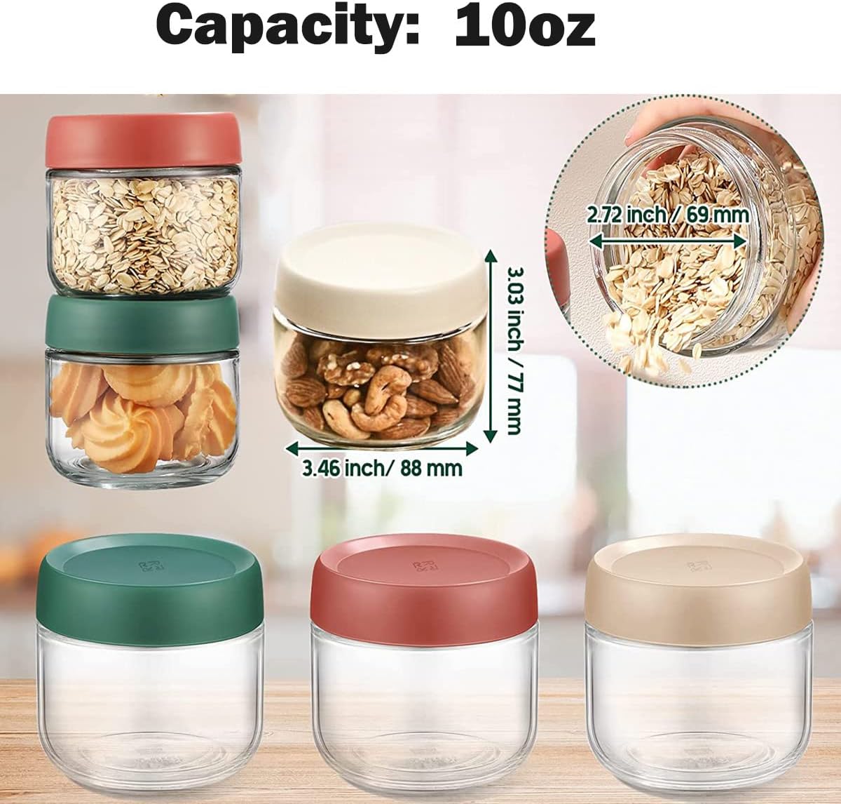 3Pack Overnight Oats Containers with Lids,10oz Glass Jar with Scew Lid,Salad Dressing Fruit Veggies Sauce Snacks Meal Prep Food Containers,Spice Jars,Wide Mouth Storage Containers