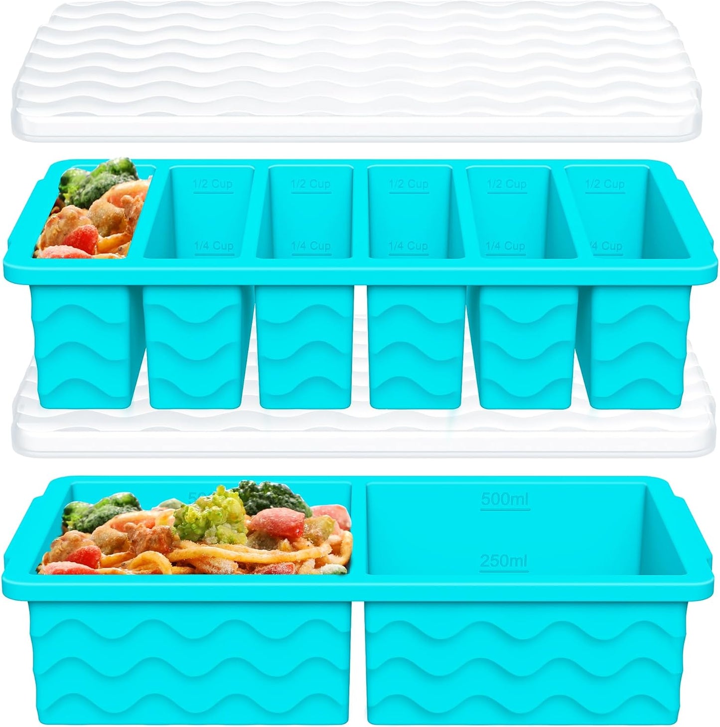 4-Pack Silicone Freezer Trays with Lid,2*【2 Large 2-Cup(500ml)&6 Small 1/2-Cup(125ml)】Soup Freezer Container Molds,Ice Cube Tray For Meal Prep&Freezing Soup,Stews,Sauces,Oven&Dishwasher-Safe