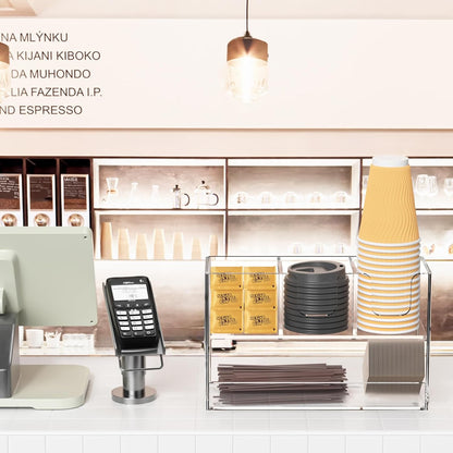 Coffee Condiment and Cup Organizer - 2-Tier Upright Cup and Lid Holder with Straw Organizer 2 Compartments Clear Acrylic Cup Dispenser for Restaurant Breakroom Coffee Station Countertop