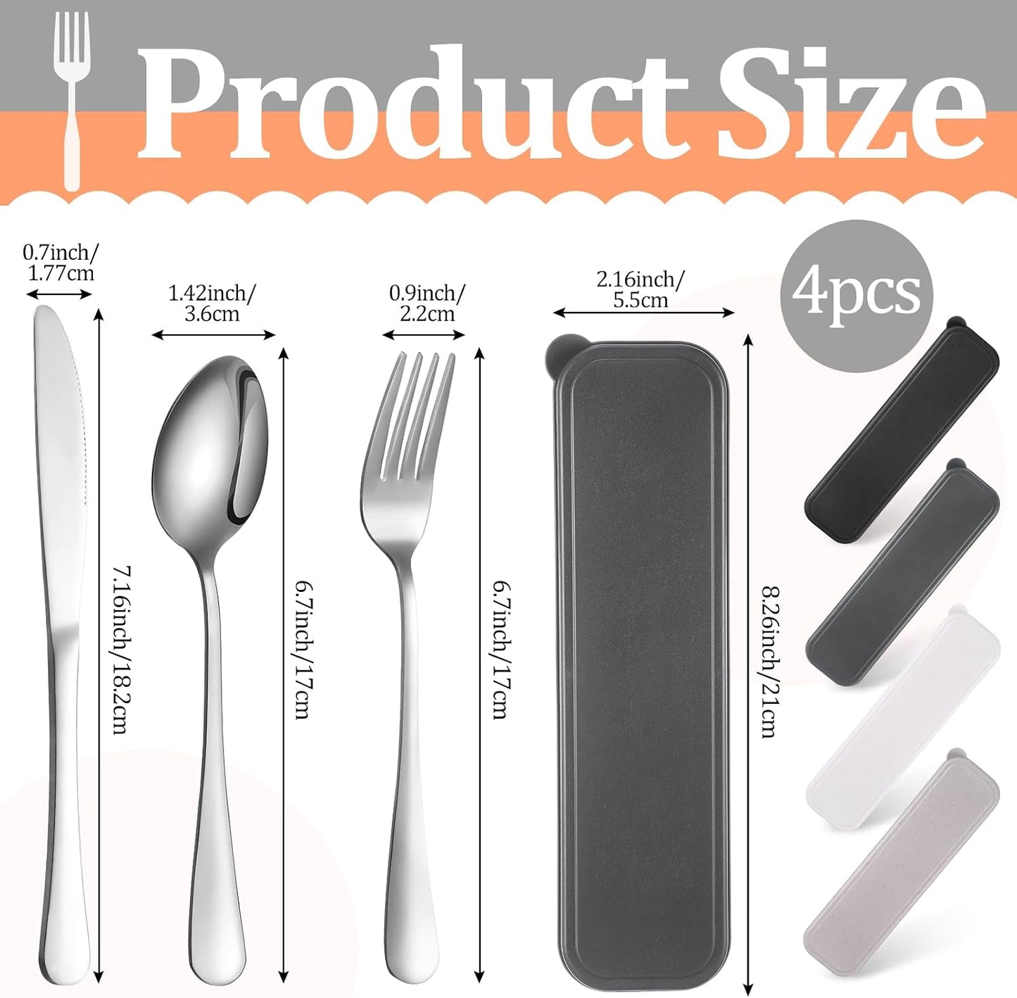 Yinkin 4 Pack Portable Travel Utensils Set with Case Reusable Stainless Steel Silverware Flatware Camping Cutlery Include Fork Spoon Knife for Work School Dishwasher Safe(White, Green, Red, Black)